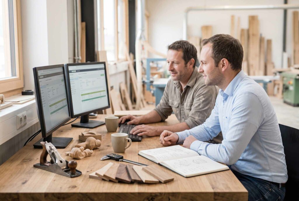 KI-Arbeitsplattform Advance: Mitarbeiter arbeiten an zwei Monitoren mit KI-Dashboard und Wissensdatenbank