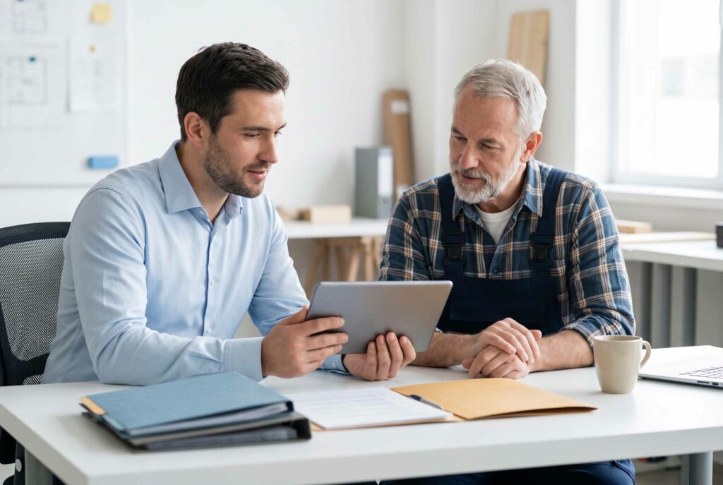 KI-Check: Berater und Handwerksmeister besprechen Standortbestimmung am Tablet