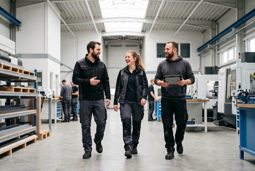 Handwerksteam geht durch moderne Werkhalle und bespricht KI-Einsatz im Betrieb – KI für Handwerksbetriebe
