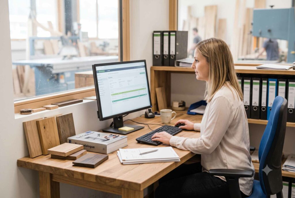 KI-Arbeitsplattform Basic: Büro-Mitarbeiterin eines Handwerksbetriebs arbeitet an sicherer KI-Plattform
