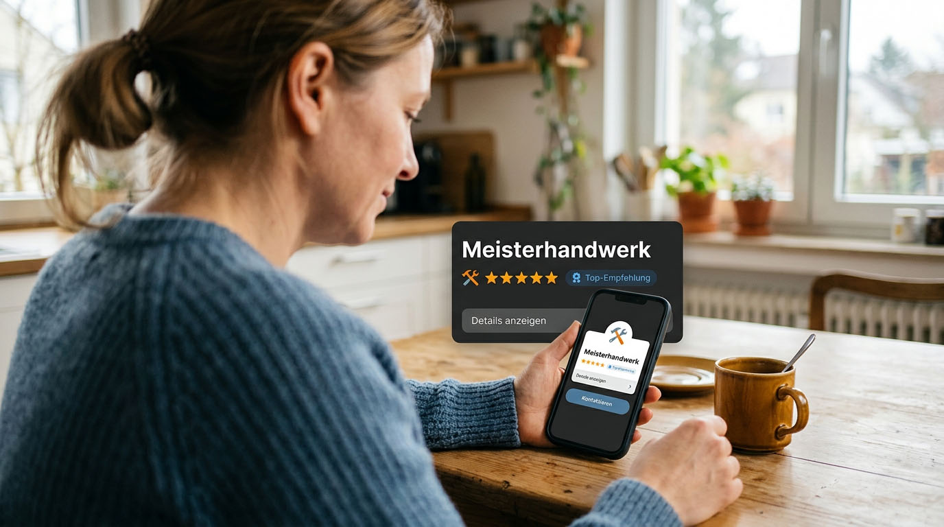 Kundin sieht auf dem Smartphone eine KI-Empfehlung für einen Handwerksbetrieb
