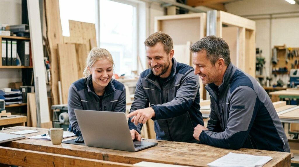 Drei Mitarbeitende in einer Holzwerkstatt schauen gemeinsam lachend auf einen Laptop