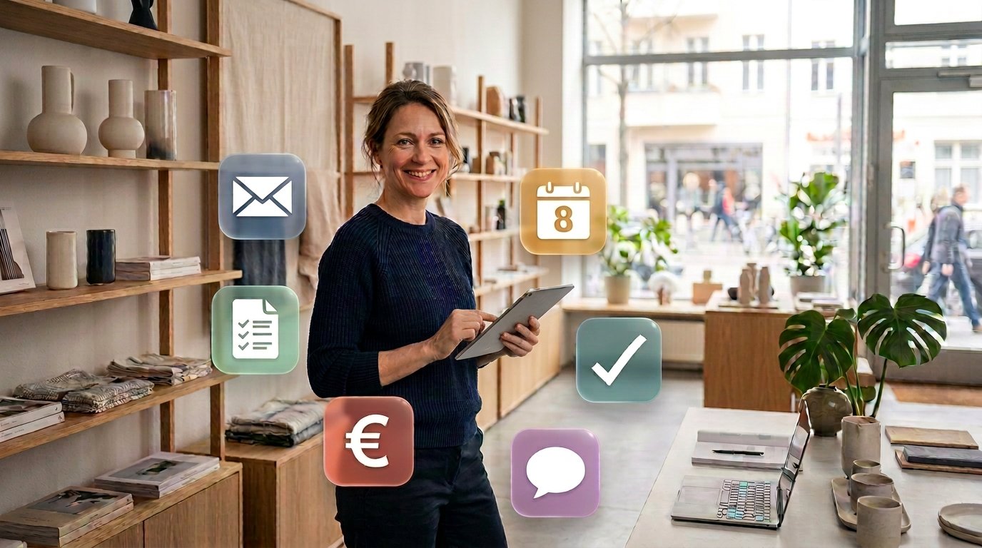 Inhaberin eines kleinen Ladens mit Tablet, umgeben von App-Symbolen für E-Mail, Kalender, Dokumente, Rechnungen und Nachrichten